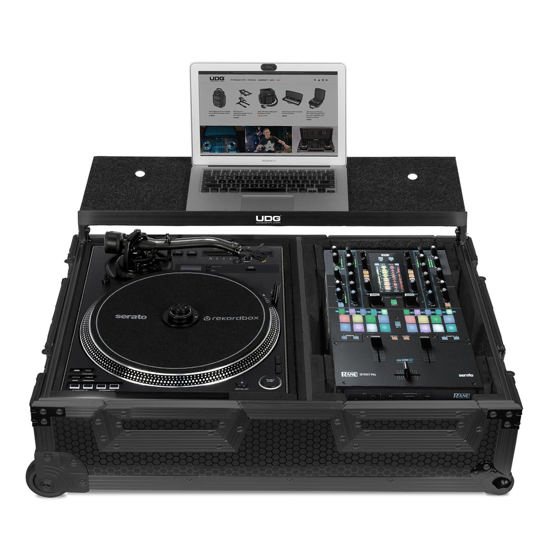 UDG Ultimate Flight Case Single Turntable Battle/ PLX-CRSS12 & 10"/12" Mixer Black Plus (Laptop Shelf, Trolley & Wheels)